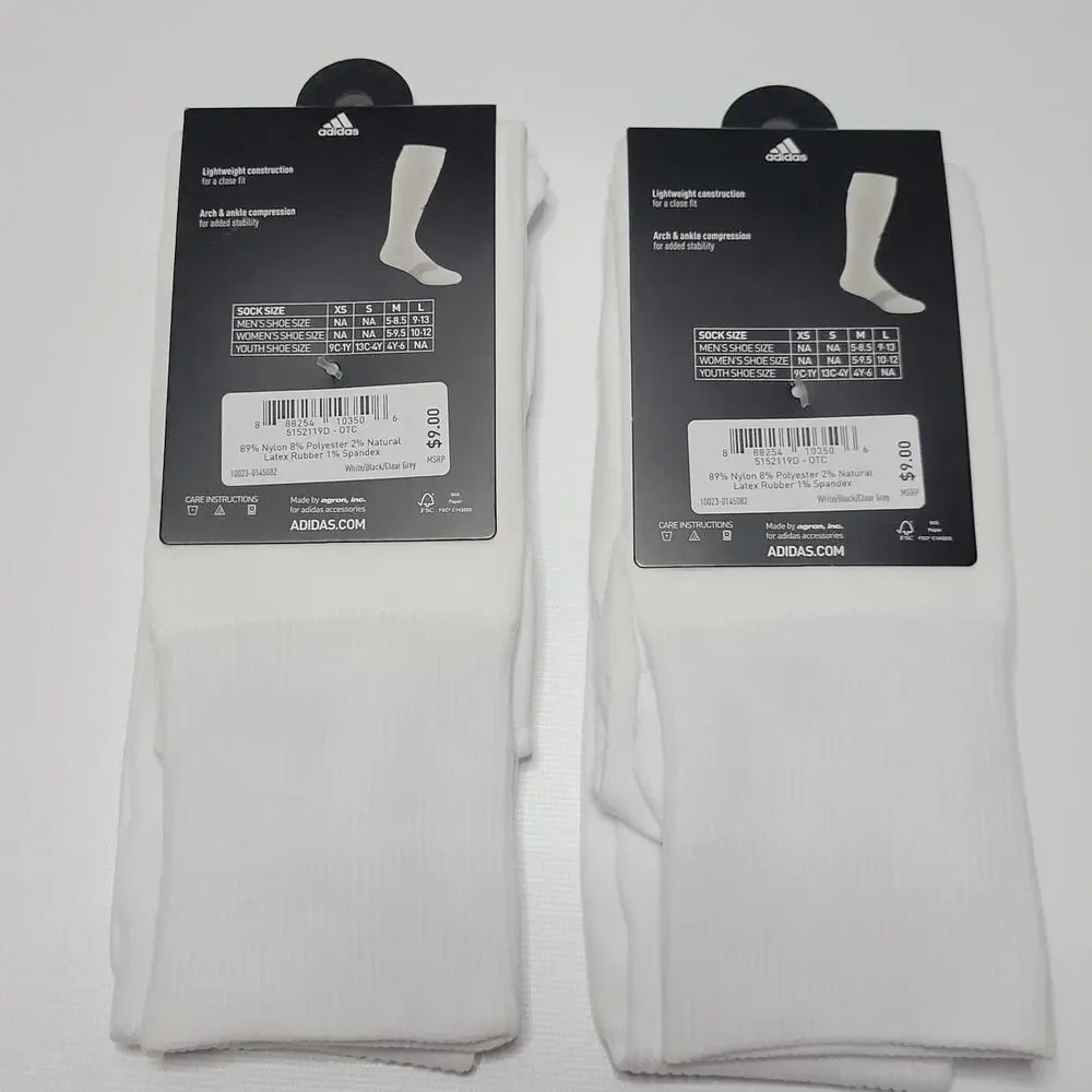 LOT OF 2 ADIDAS SOCCER METRO SOCK ARCH & ANKLE COMPRESSION Sz L 9-13 WHITE SOCKS